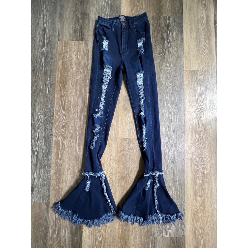 JC & JQ Distressed Flare Jeans Womens Size S Dark Blue Bell Bottom Frayed